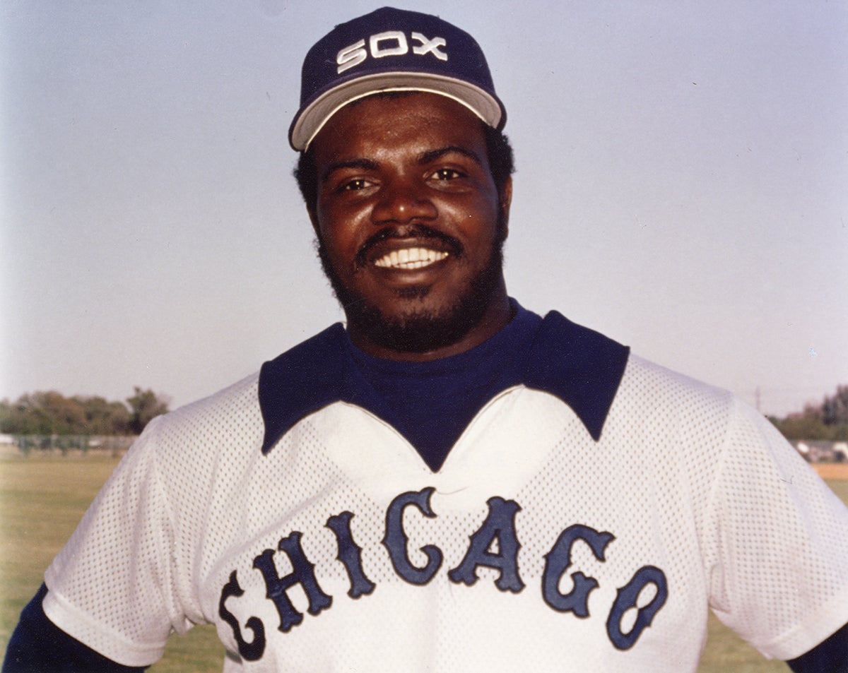 Head and shoulders portrait of Lamar Johnson in White Sox uniform